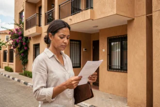 Expatriée examinant un contrat de location devant un immeuble moderne à Dakar, Sénégal