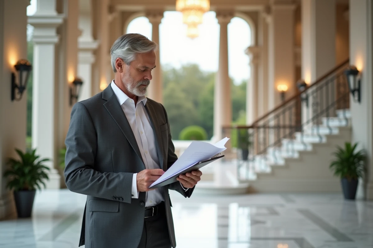 Expert immobilier de luxe analysant des documents d'estimation dans le hall en marbre d'une maison de très haut standing