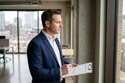 Expert immobilier professionnel évaluant un espace de bureau commercial moderne avec documents d'expertise en main