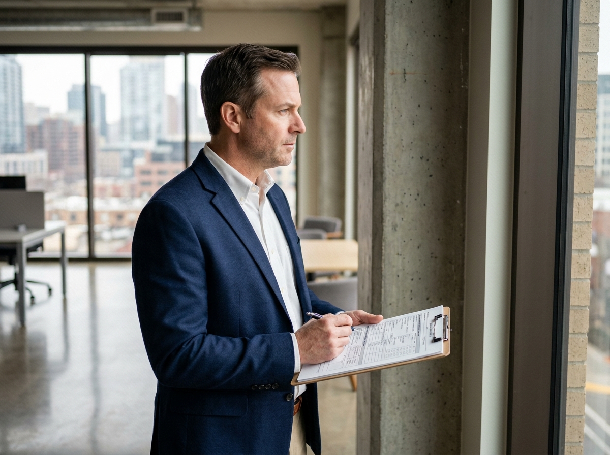 Expert immobilier professionnel évaluant un espace de bureau commercial moderne avec documents d'expertise en main