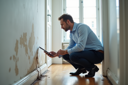 Expert inspectant des d&eacute;g&acirc;ts d'eau sur un mur d'un appartement parisien