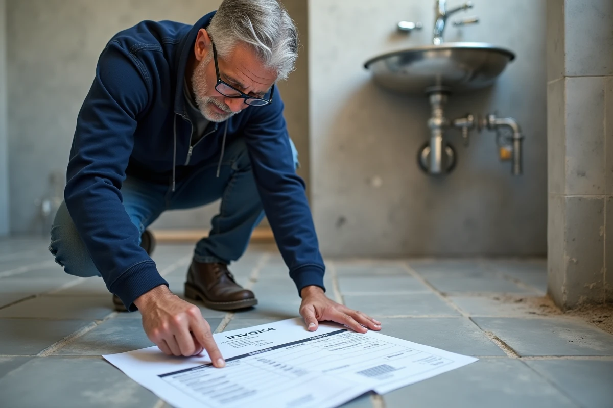 Artisan vérifiant une facture de travaux éligibles à la déduction de plus-value immobilière dans une salle de bain rénovée