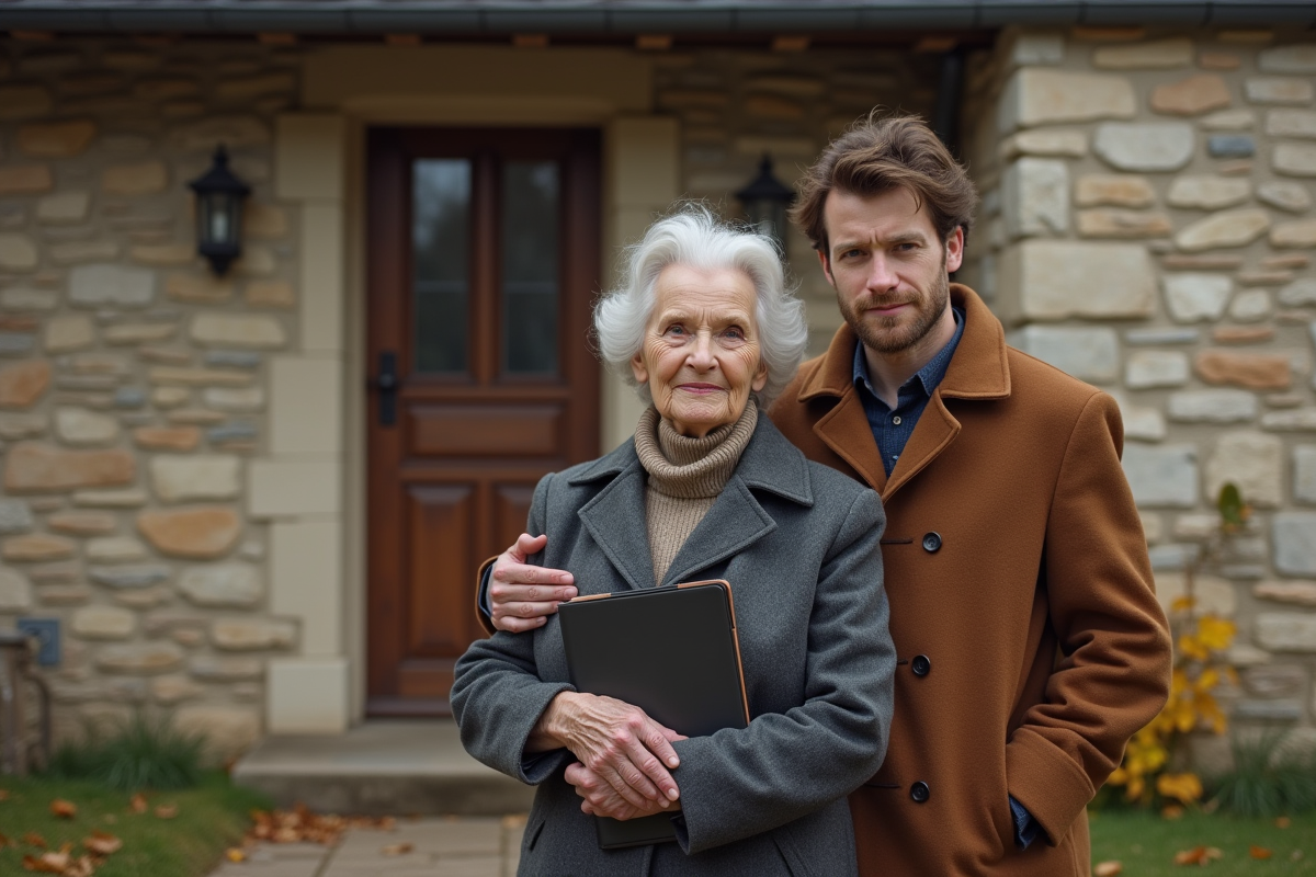 Grand-mère et petit-fils devant maison rurale