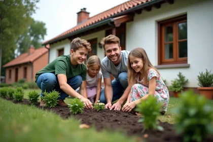 Famille plantant des fleurs dans le jardin en famille