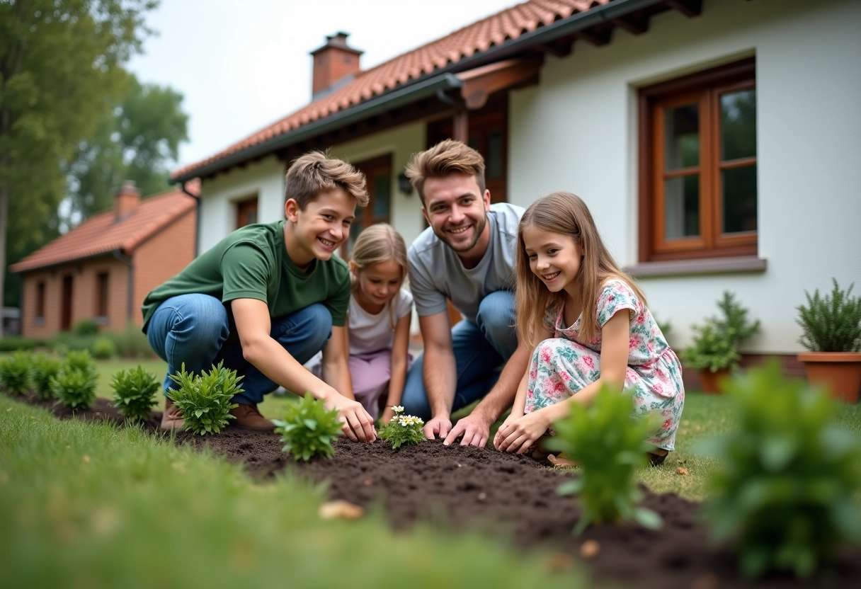 Famille plantant des fleurs dans le jardin en famille