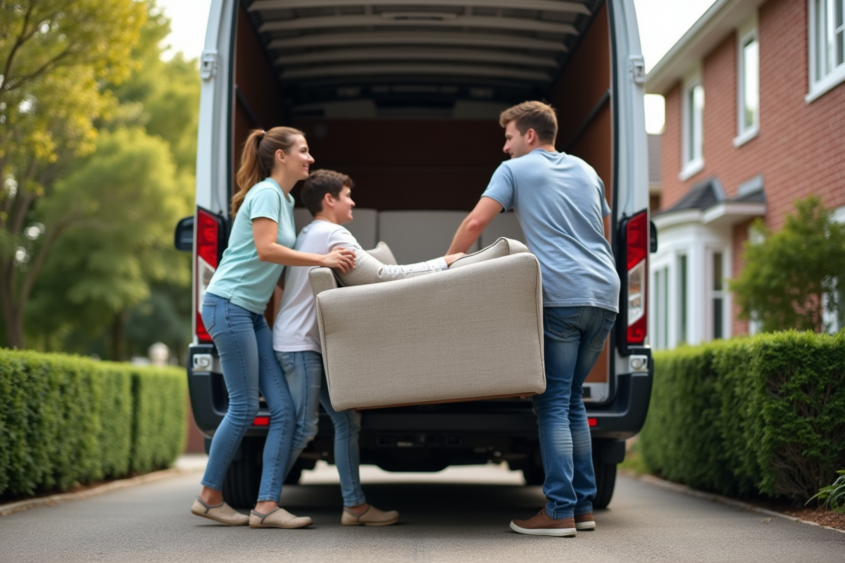 Famille aidant à déplacer un canapé dans la rue