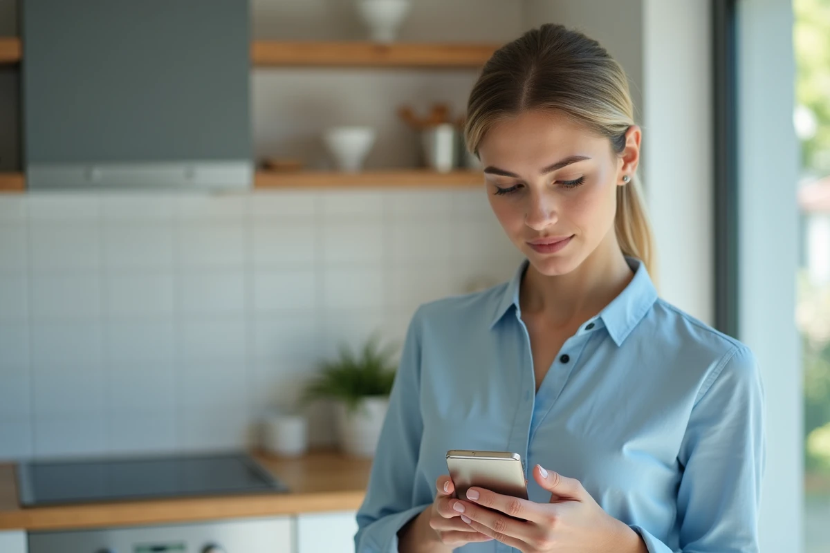 Femme tenant un smartphone avec une application bloquée dans une cuisine moderne et lumineuse