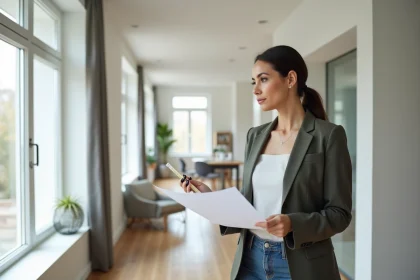 Femme en tenue professionnelle observant un plan d'appartement moderne