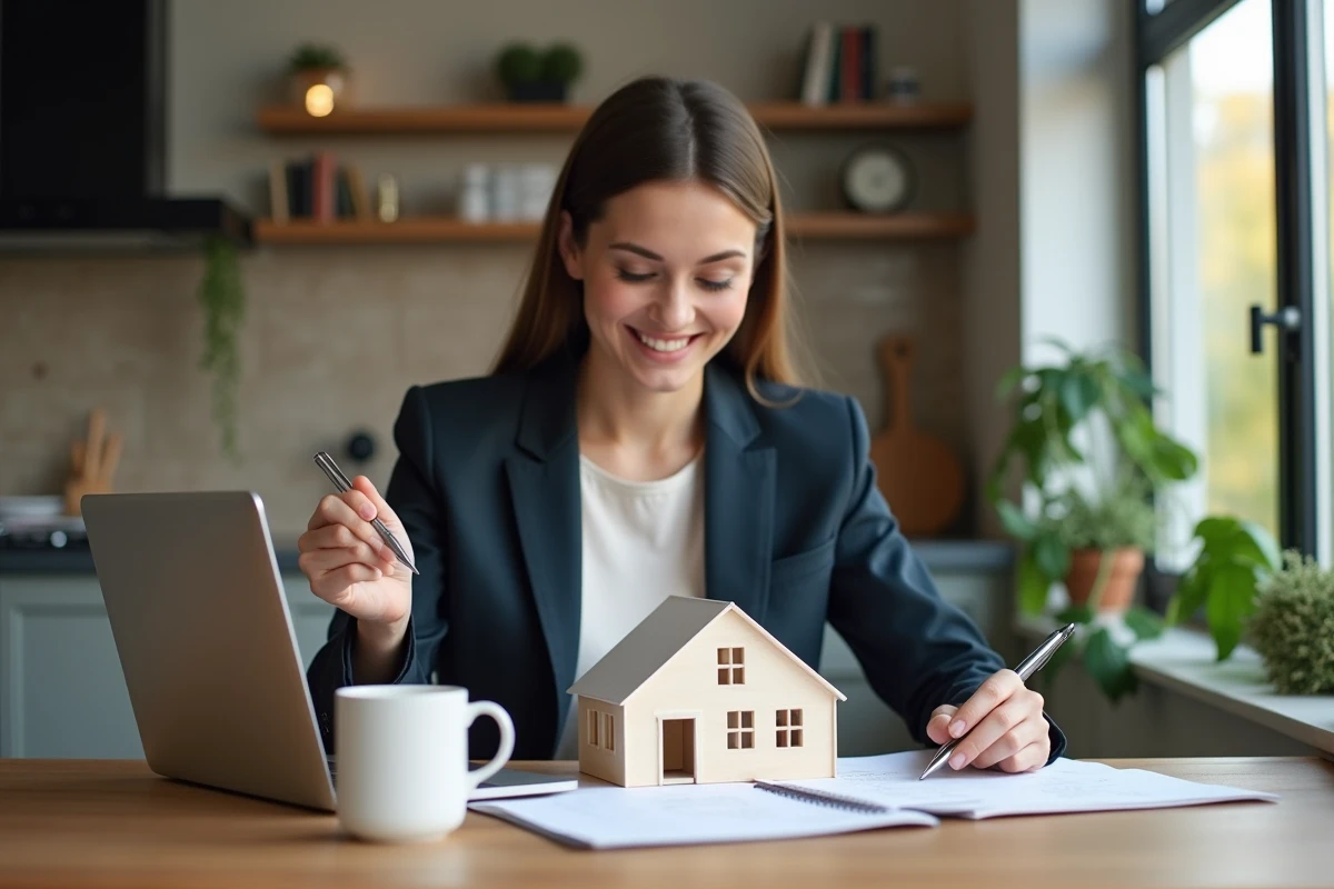 Jeune femme avec maquette de maison dans une cuisine moderne