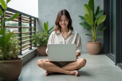 Jeune femme travaillant sur un balcon en Thaïlande