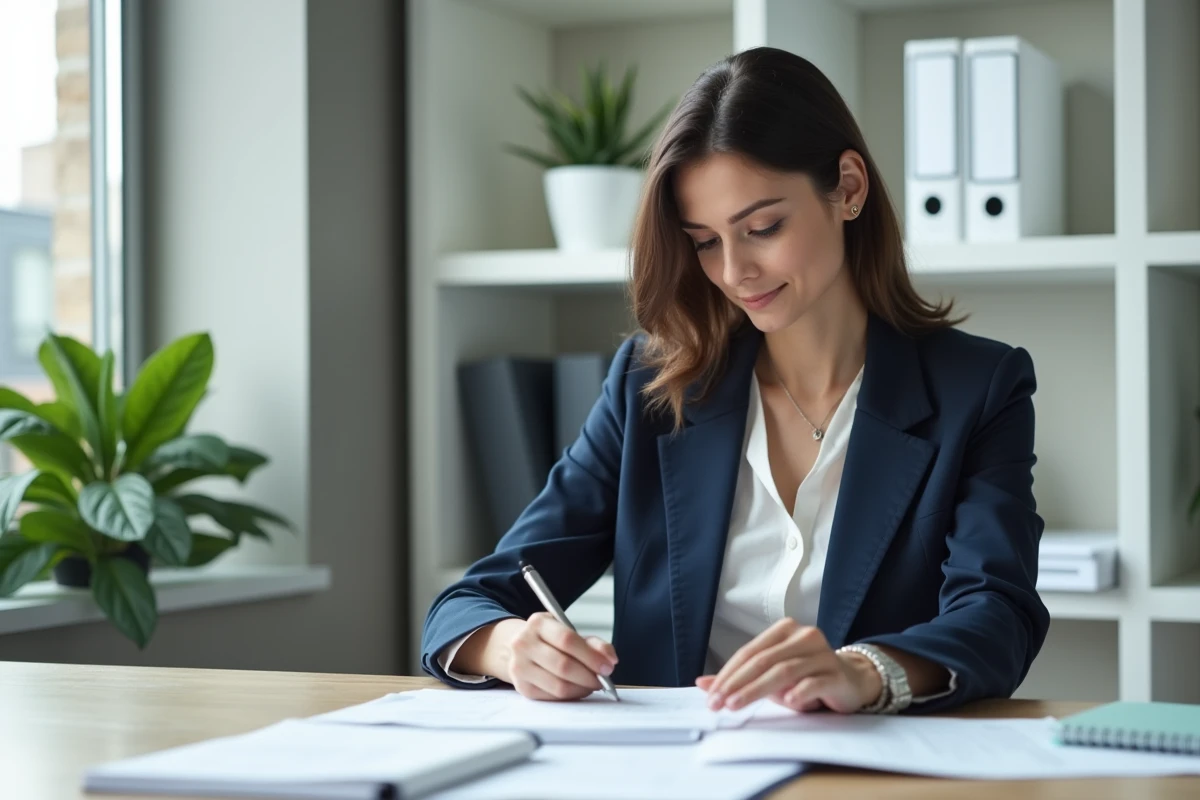 Femme en bureau moderne remplissant des papiers avec concentration