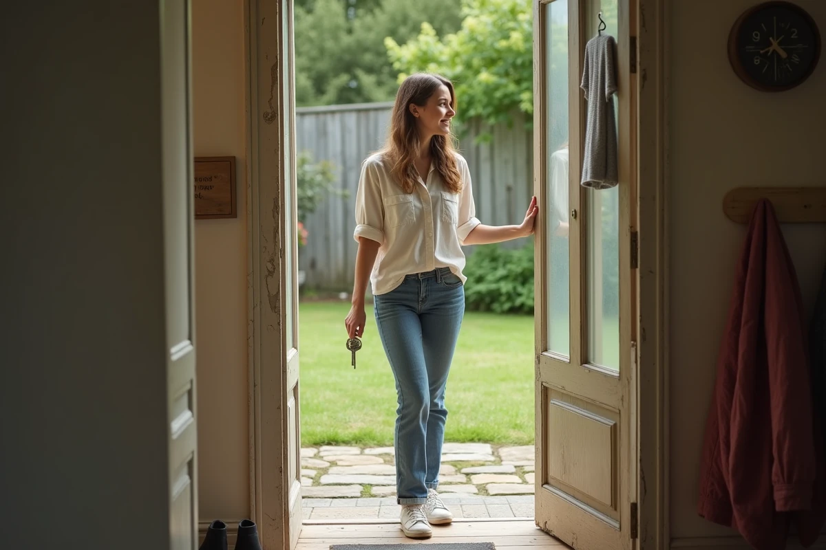 Jeune femme tenant des clés devant la porte d'entrée d'une maison en colocation avec jardin, symbolisant une nouvelle location partagée