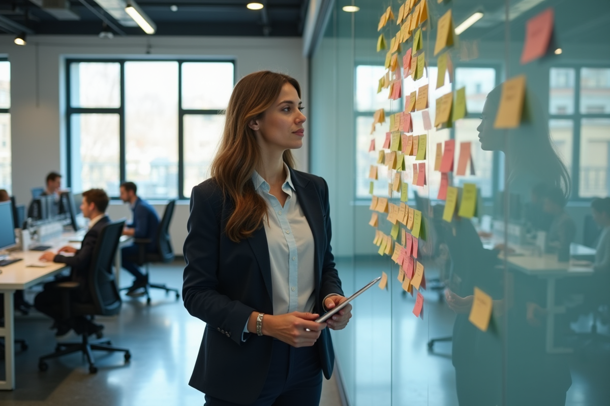 Femme professionnelle discutant devant un mur de notes colorées