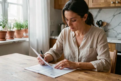 Femme en train de lire et comparer des formules d'assurance habitation à la table de sa cuisine