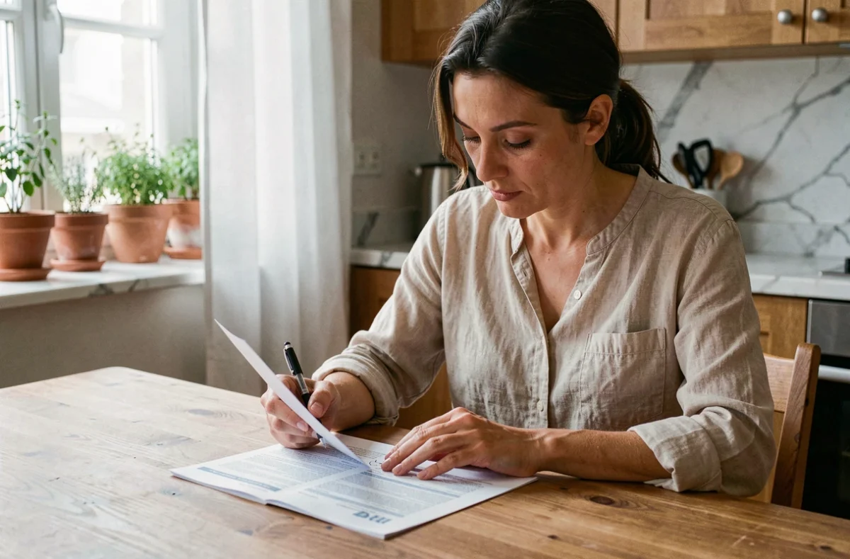 Femme en train de lire et comparer des formules d'assurance habitation à la table de sa cuisine
