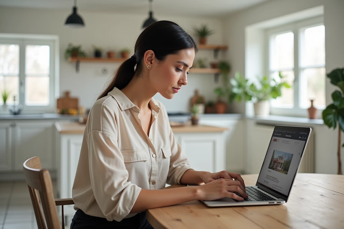 Femme consultant les prix immobiliers sur un site internet depuis son domicile en France