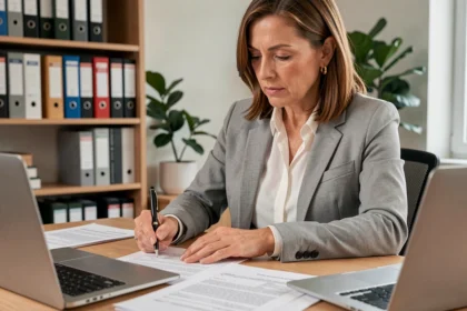 Femme examinant un contrat EDF à son bureau à domicile pour un bail meublé