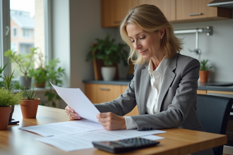 Femme d'âge moyen examinant un contrat de location dans une cuisine lumineuse