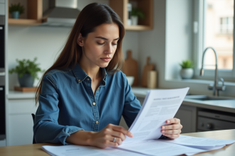 Jeune femme examine des documents de location et assurance