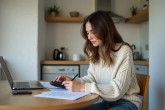 Jeune femme en cuisine avec notes et calculatrice