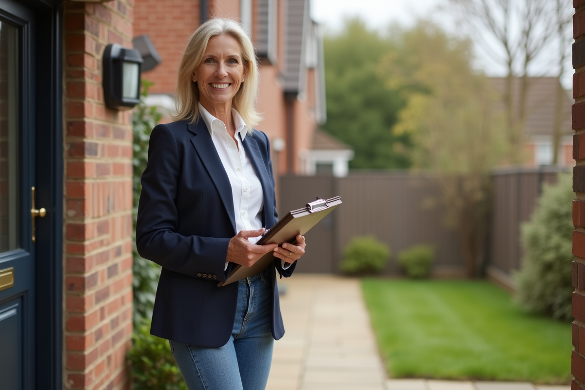 Femme souriante devant une maison de banlieue