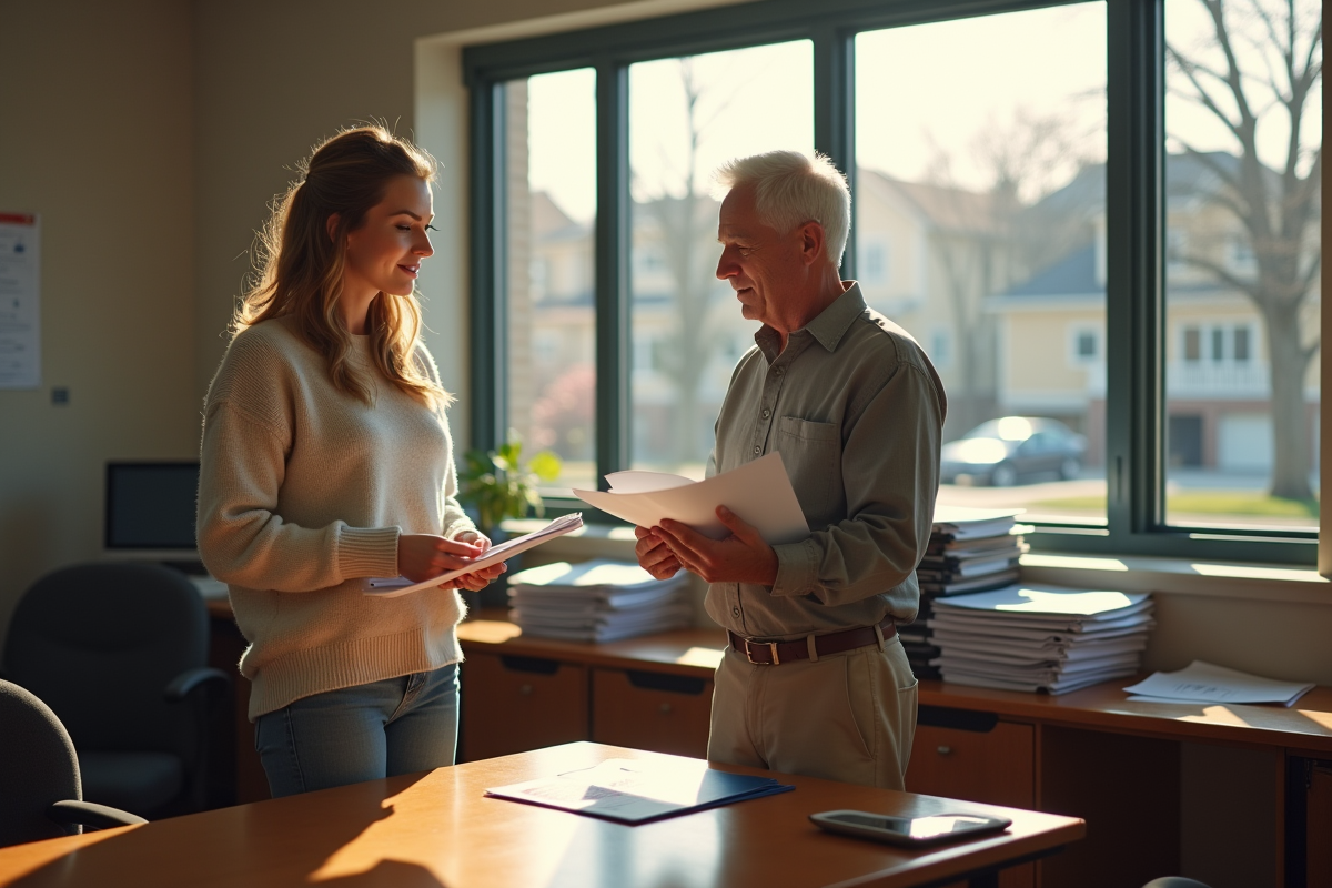 Jeune femme discutant avec un agent municipal en intérieur