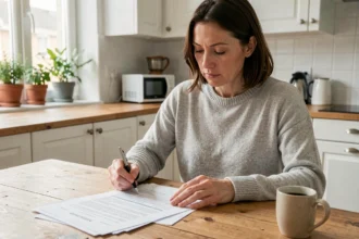 Femme consultant des documents d'assurance habitation à la table de sa cuisine