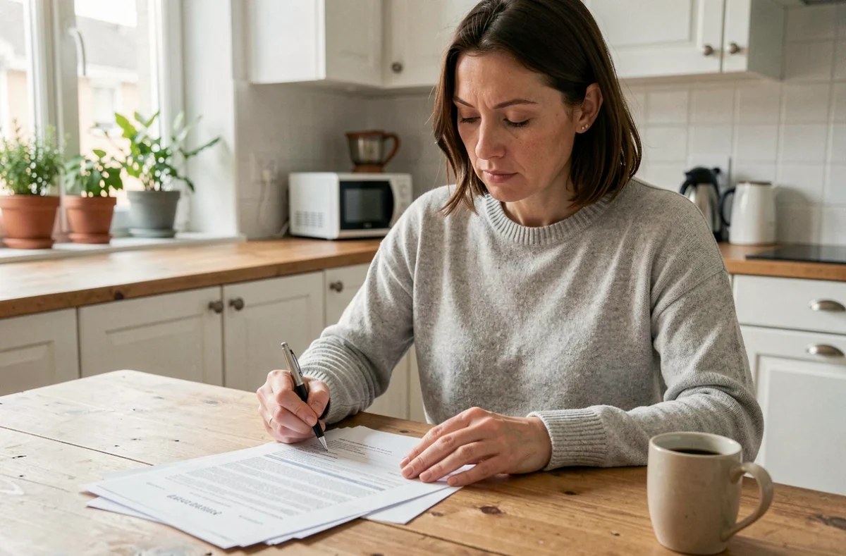 Femme consultant des documents d'assurance habitation à la table de sa cuisine