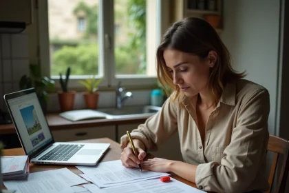 Femme consultant des dossiers de logement social et petites annonces immobilières dans un appartement parisien modeste