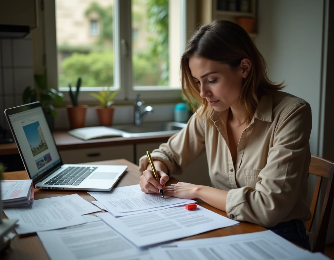 Femme consultant des dossiers de logement social et petites annonces immobilières dans un appartement parisien modeste