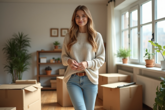 Jeune femme emballant des cartons dans un salon lumineux