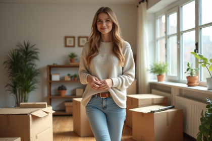 Jeune femme emballant des cartons dans un salon lumineux