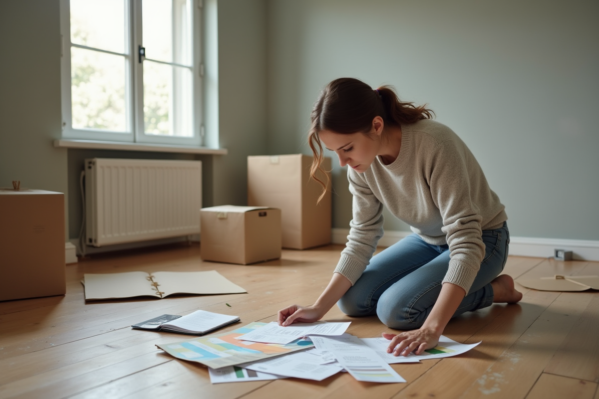 Jeune femme triant des échantillons de couleurs dans un salon