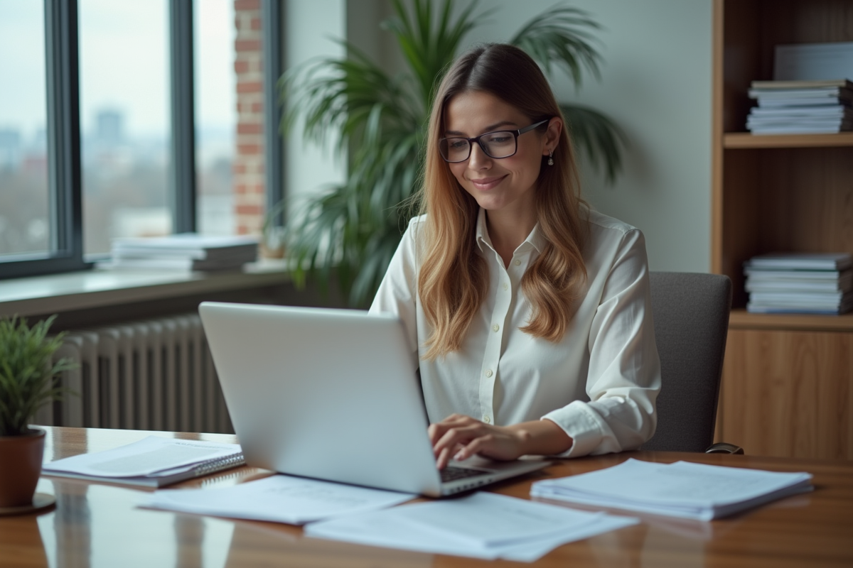 Femme gestionnaire immobiliere travaillant sur ordinateur dans son bureau