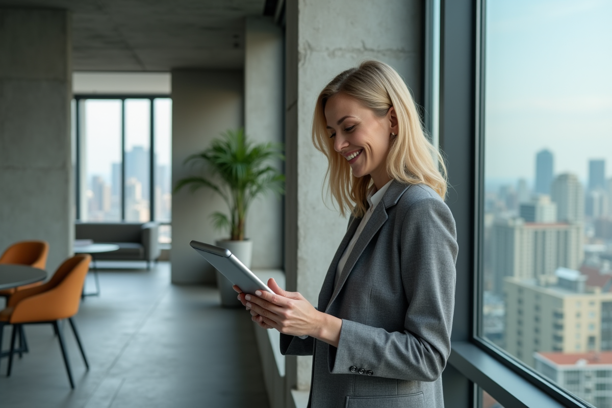 Femme professionnelle regardant un plan immobilier dans un bureau moderne