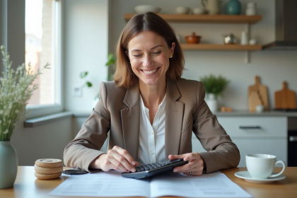 Femme d'âge moyen souriante dans une cuisine moderne examinant des documents immobiliers