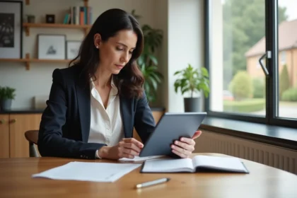 Femme professionnelle examinant des documents immobiliers