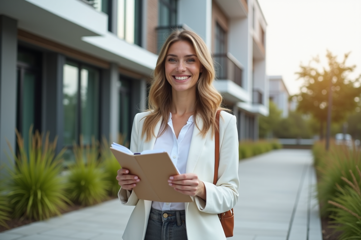Jeune femme souriante devant un bâtiment résidentiel neuf
