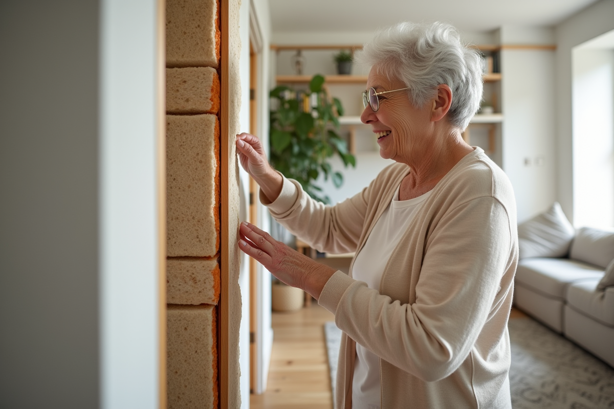 Femme vérifiant l isolation multilayer dans un salon lumineux