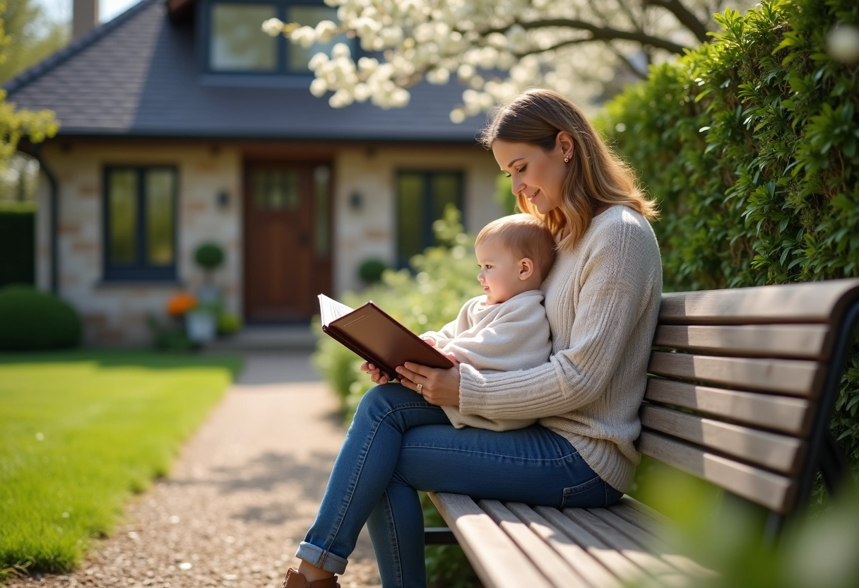 Femme lisant &agrave; un b&eacute;b&eacute; dans le jardin en &eacute;t&eacute;