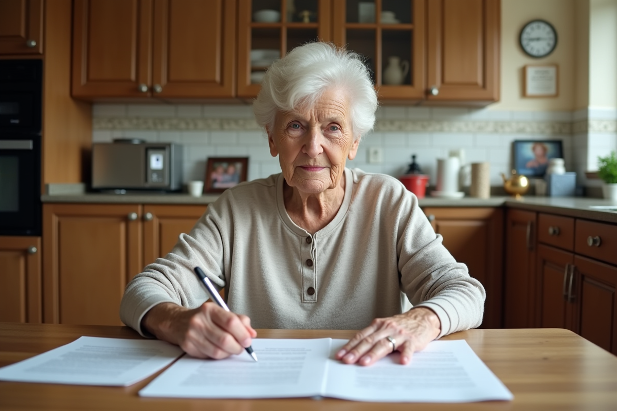 Femme âgée lit des documents dans sa cuisine lumineuse