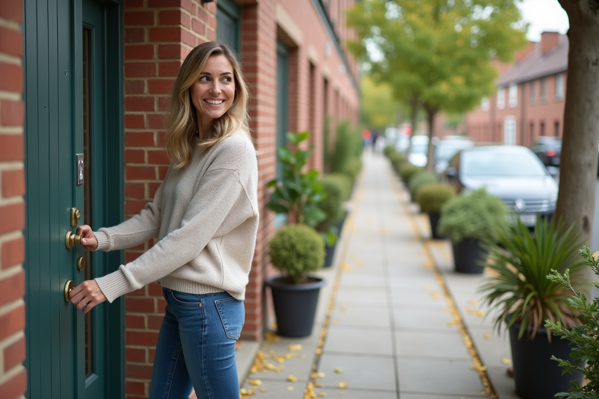 Femme souriante verrouillant la porte d