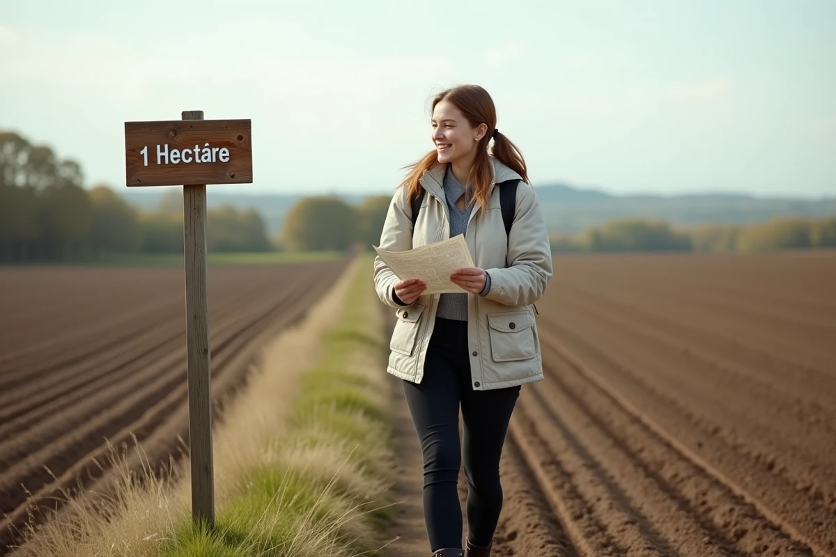 Jeune femme souriante marchant dans un champ rural avec carte