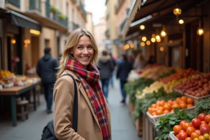 Femme souriante dans un march&eacute; toulousain color&eacute;