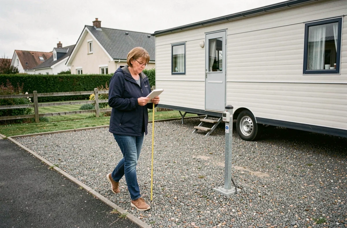 Femme mesurant les limites d'un terrain à louer pour caravane résidentielle dans un quartier périurbain français