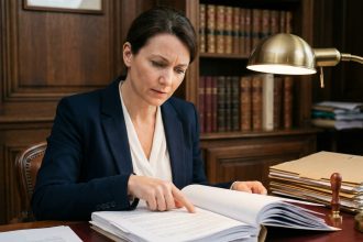 Femme consultant des documents notariaux pour la création d'un statut LMNP avant signature