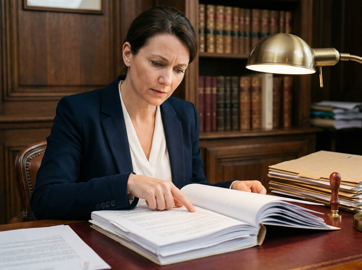 Femme consultant des documents notariaux pour la création d'un statut LMNP avant signature