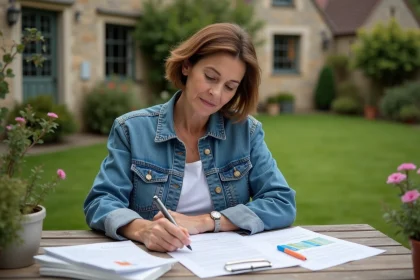 Femme d'&acirc;ge moyen organise des papiers dans son jardin