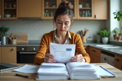 Femme organis&eacute;e avec factures dans la cuisine