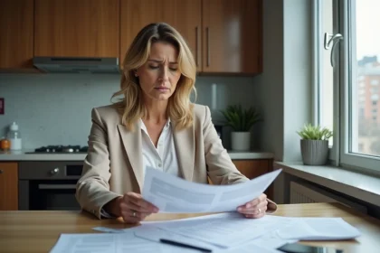 Femme en cuisine examinant des documents et factures